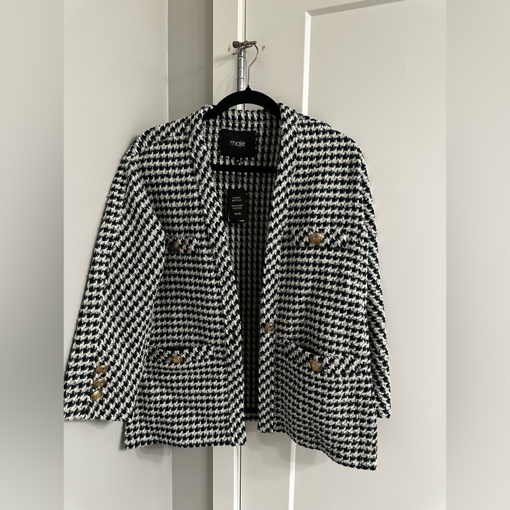 Maje Black & White Houndstooth Tweed Blazer